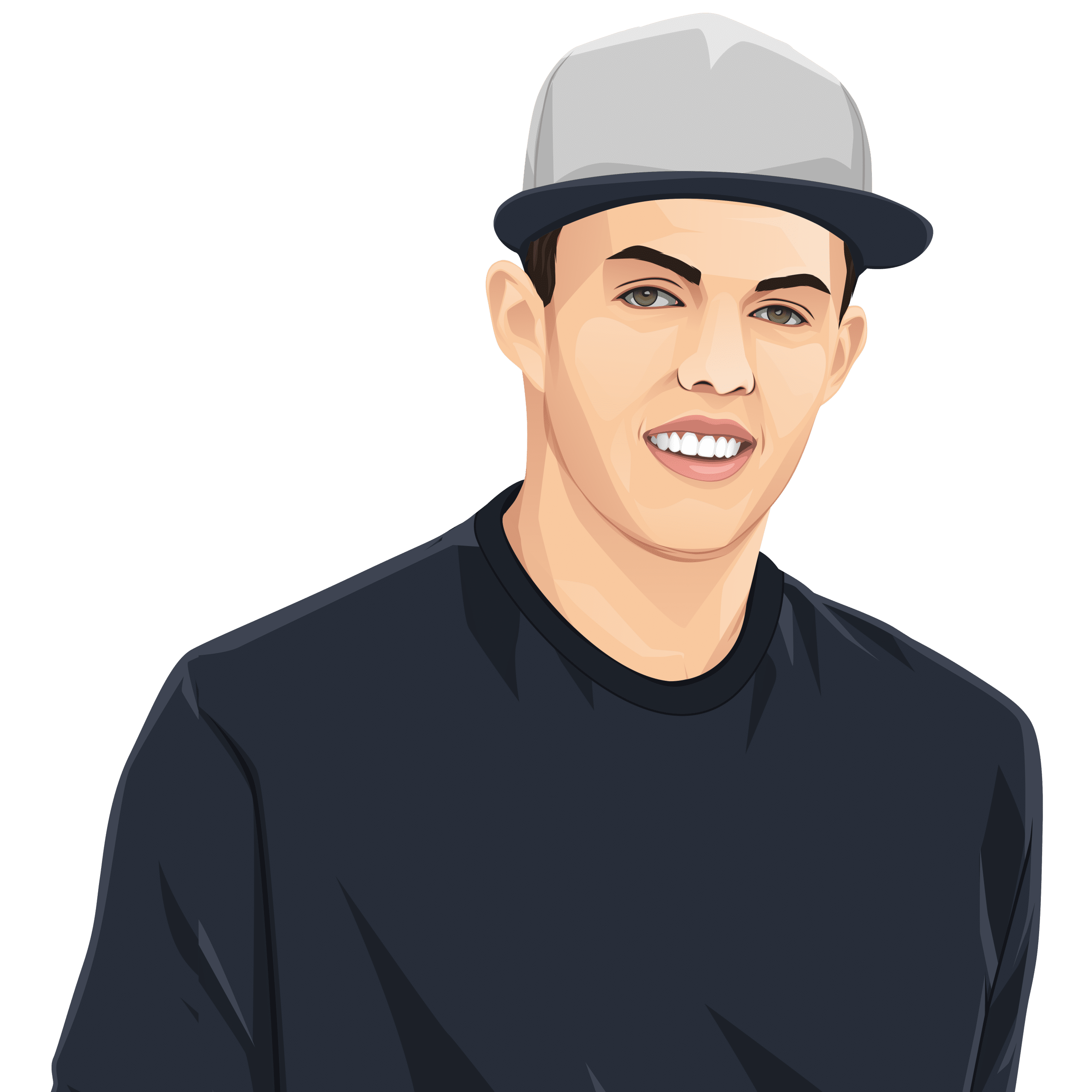 Cartoon rendition of a man smiling. He has a black shirt and a gray hat with black brim