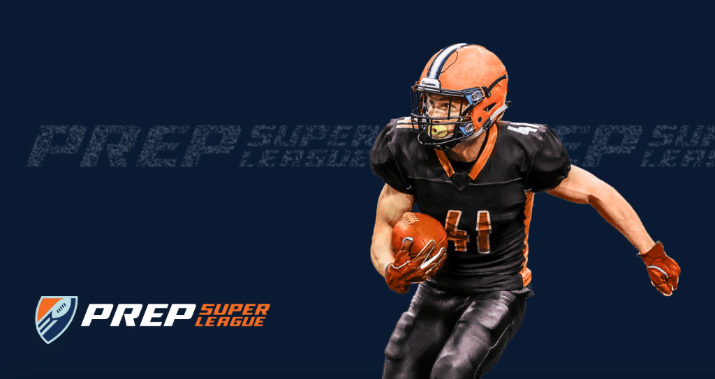 Football player in an orange helmet running. There's a logo that says Prep Super League
