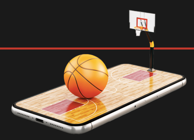 cartoon of a basketball on a phone with a basketball hoop and court