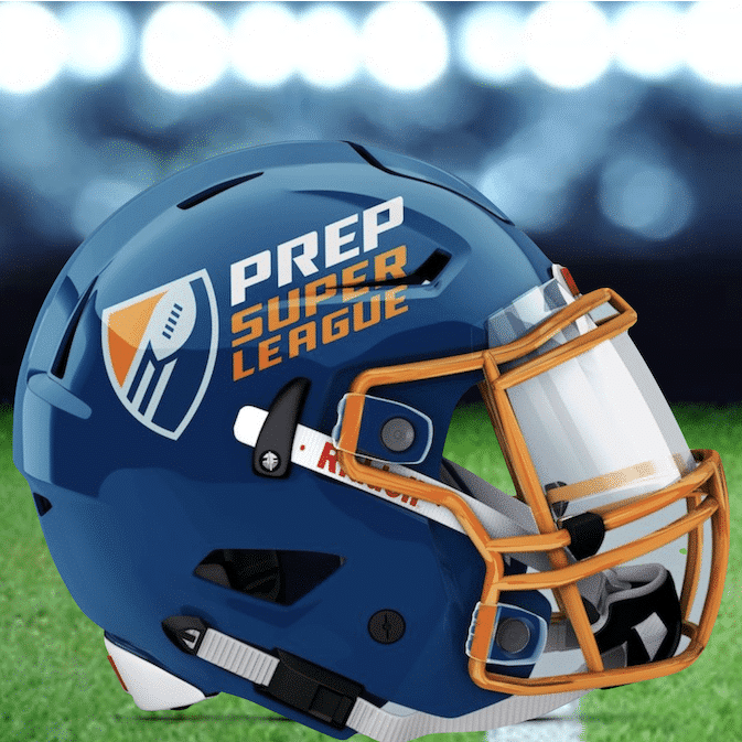 Prep Super League helmet. The helmet is blue and orange