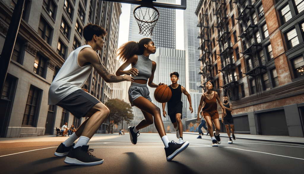 Men and women playing basketball on a city street