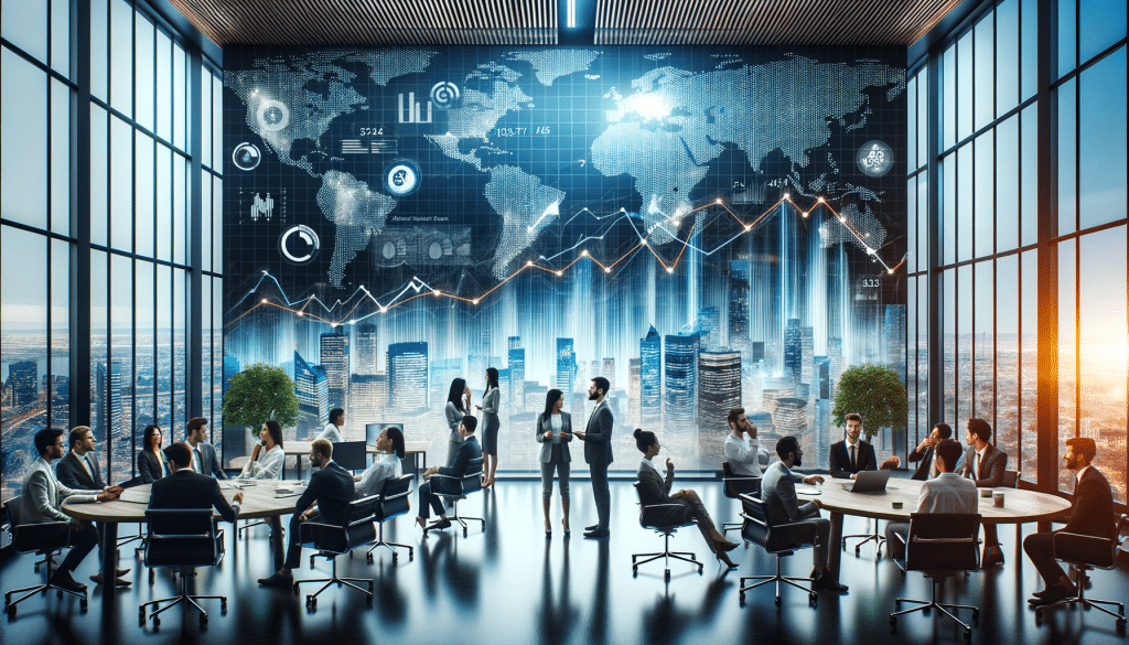 Busy office and behind them is a map of the world with lines indicating and upward progression of business